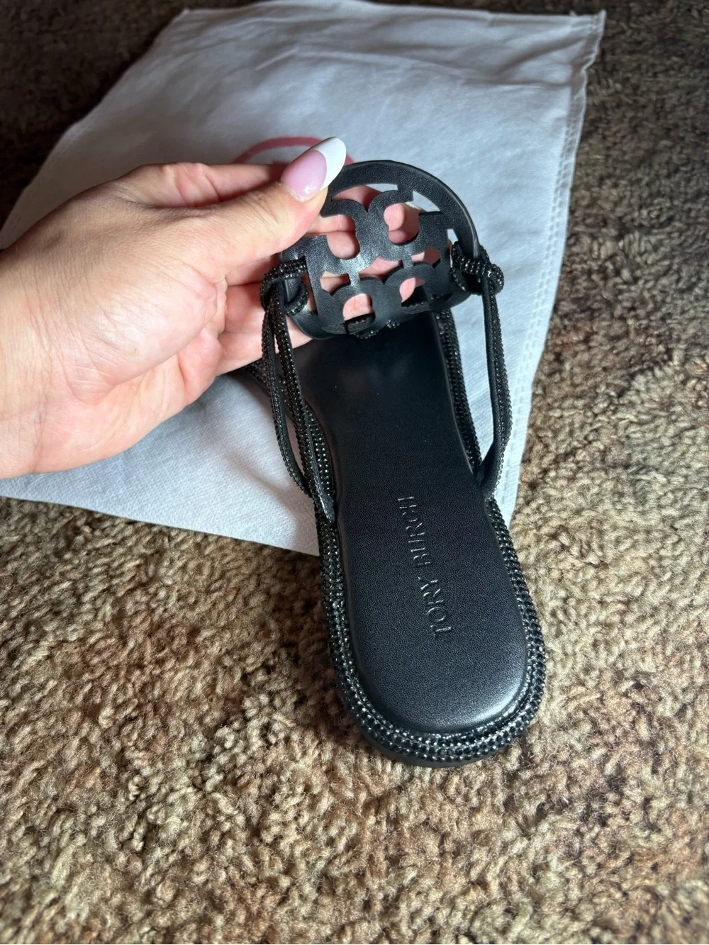 Tory Burch Black Miller Cutout Logo Thong Sandals